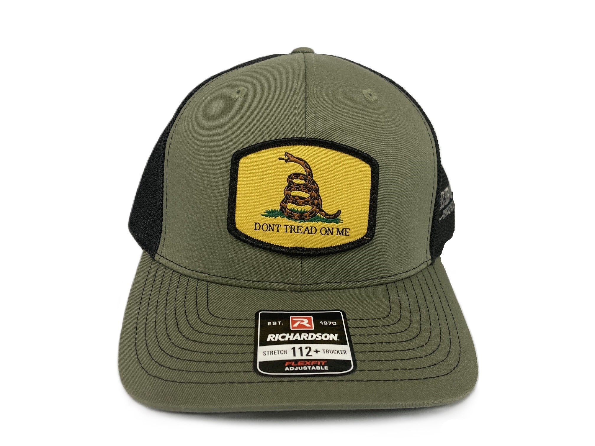 Lebo's Loden/Black Richardson 112 Plus Trucker Hat with Don't Tread on Me Yellow Patch 112PL-LOB-DTOM