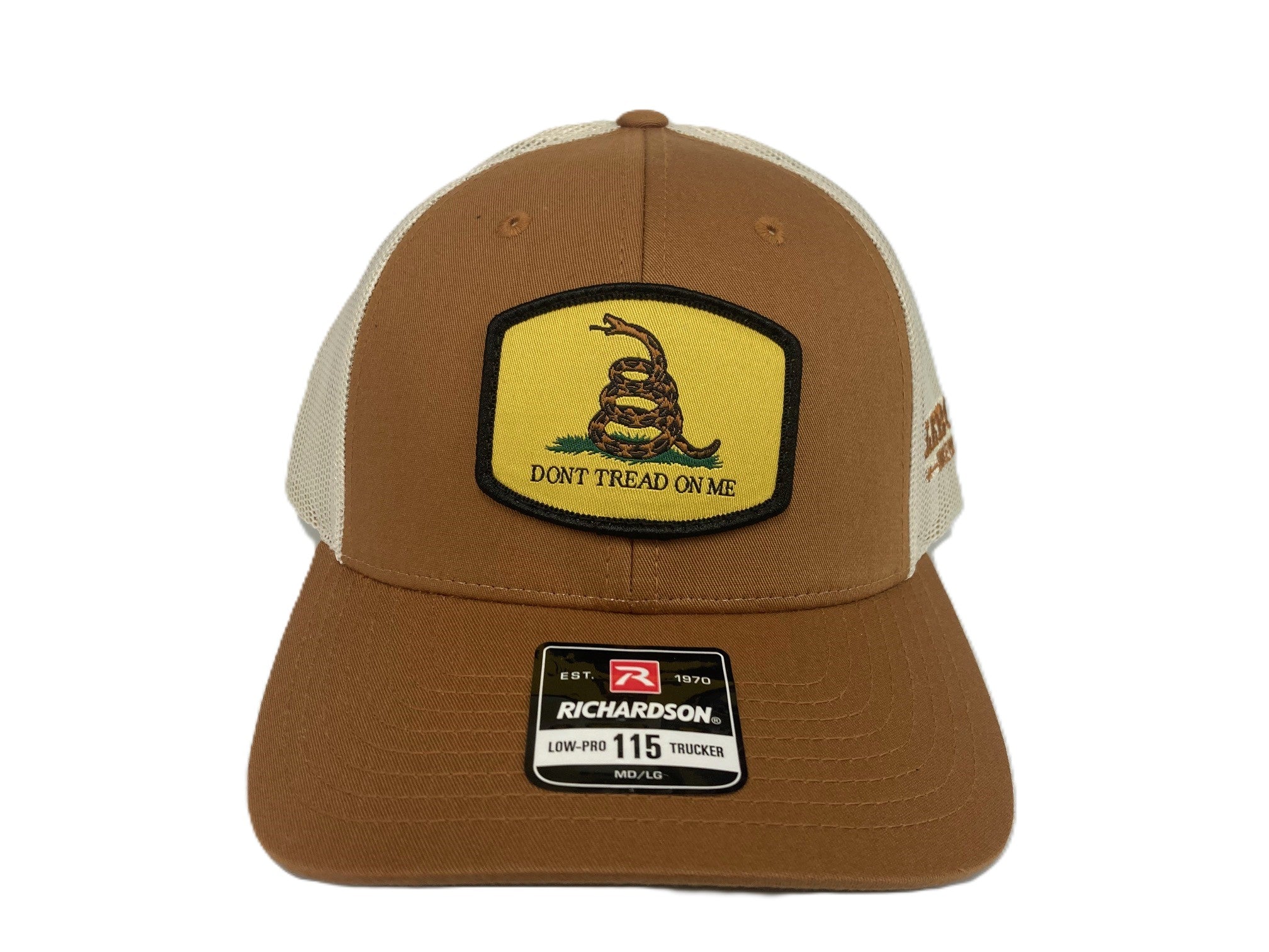 Lebo's Caramel/Birch Richardson 115 Low-Pro Trucker Hat with Don't Tread on Me Yellow Patch 115-CRBI-DTOM