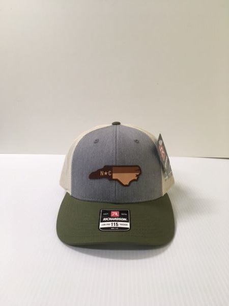 Richardson Heather Gray, Cream and Olive NC Leather Patch 115 Low-Pro Mens Trucker Cap 115-HGBIAARO-NCHP