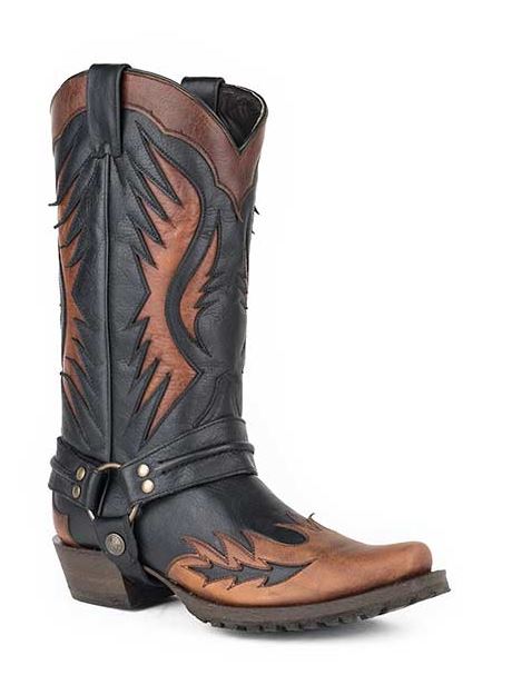Stetson Brown/Black Outlaw Biken Men's Black Oiled Leather Boots with Laser Wings 1202061243632