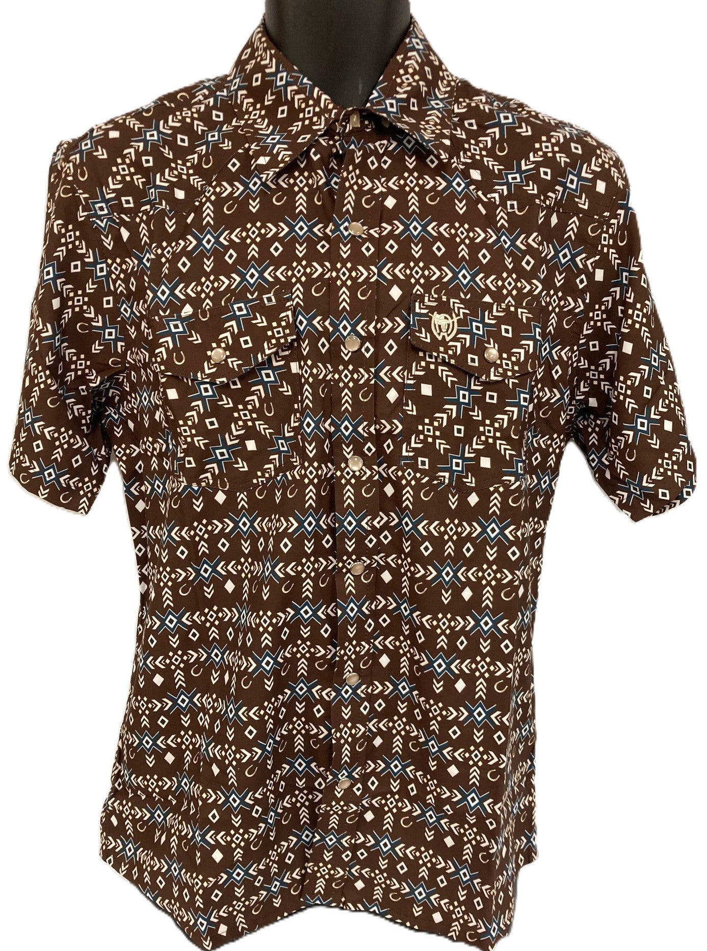 American West Brown with Aztec Print Men's Collared Short Sleeve Shirt 147-MH-25