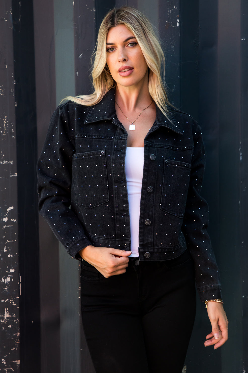 26 International Black Oversized Denim Trucker Jacket with Rhinestones 14997-BLK