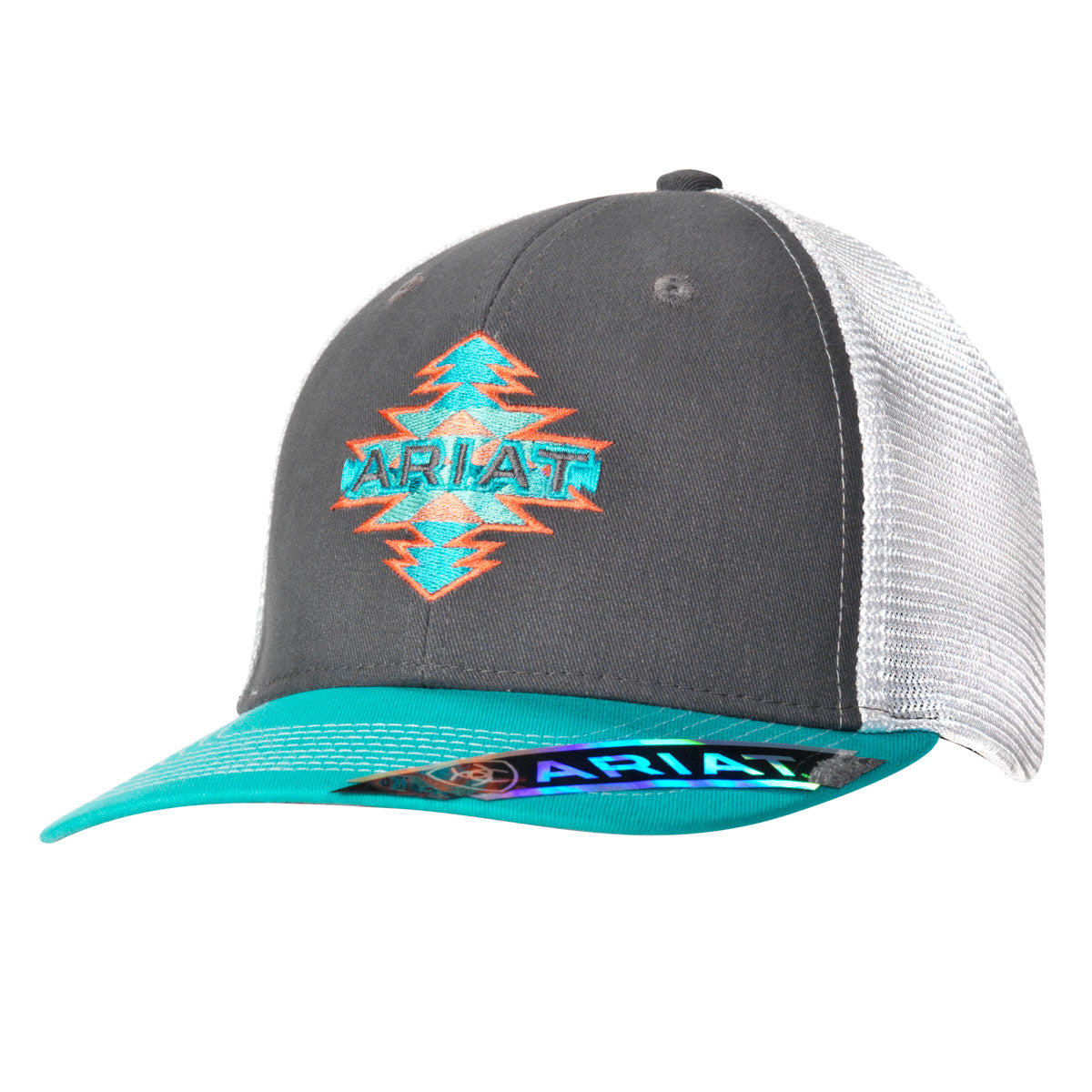 Ariat Grey with Turquoise and Coral Accents Aztec Logo Ladies Cap 1511206