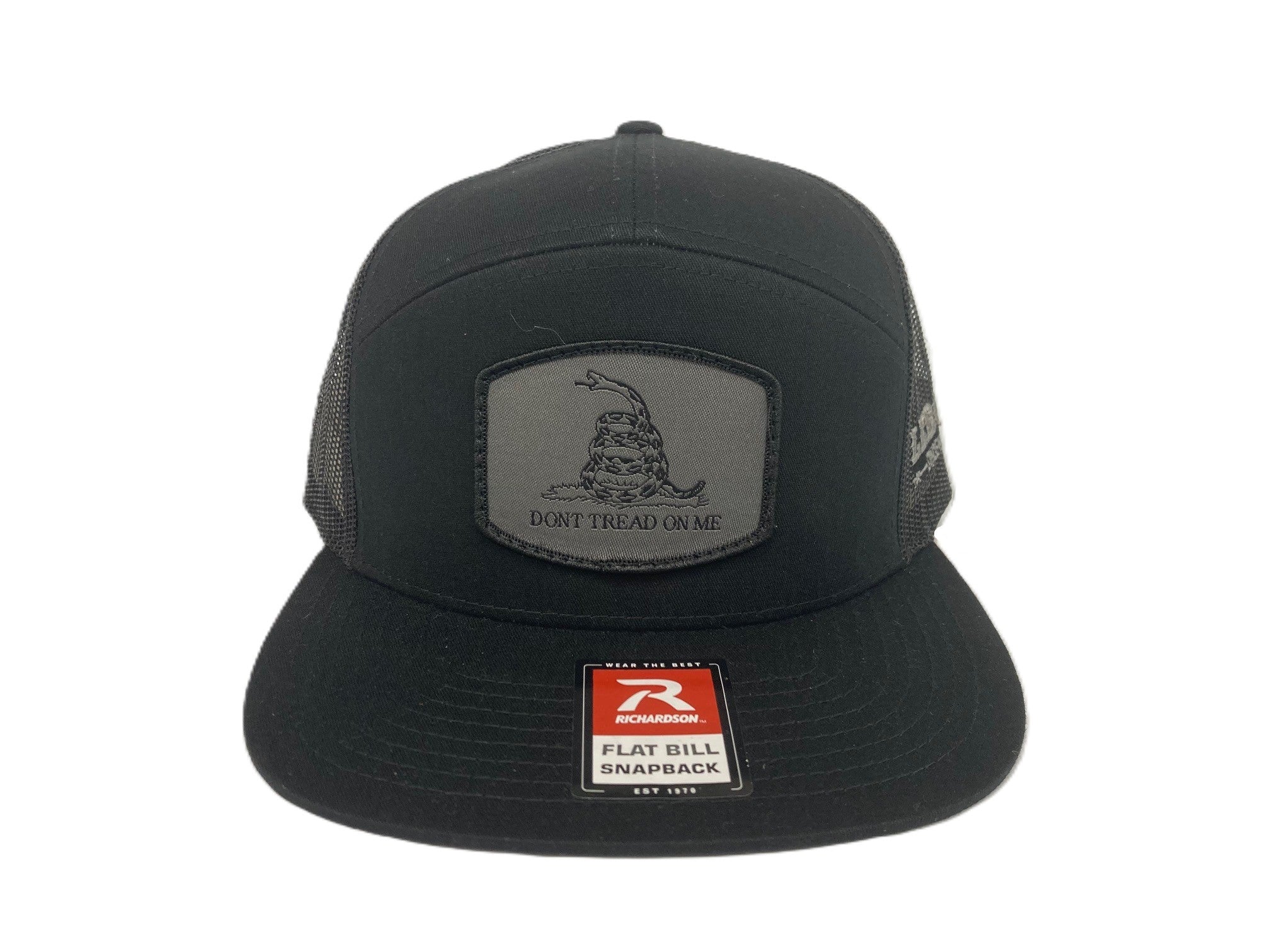 Lebo's Black Richardson 7 Panel Flat Bill Snapback Trucker Hat with Grey 'Don't Tread On Me Patch' 168-BLK-DTOM