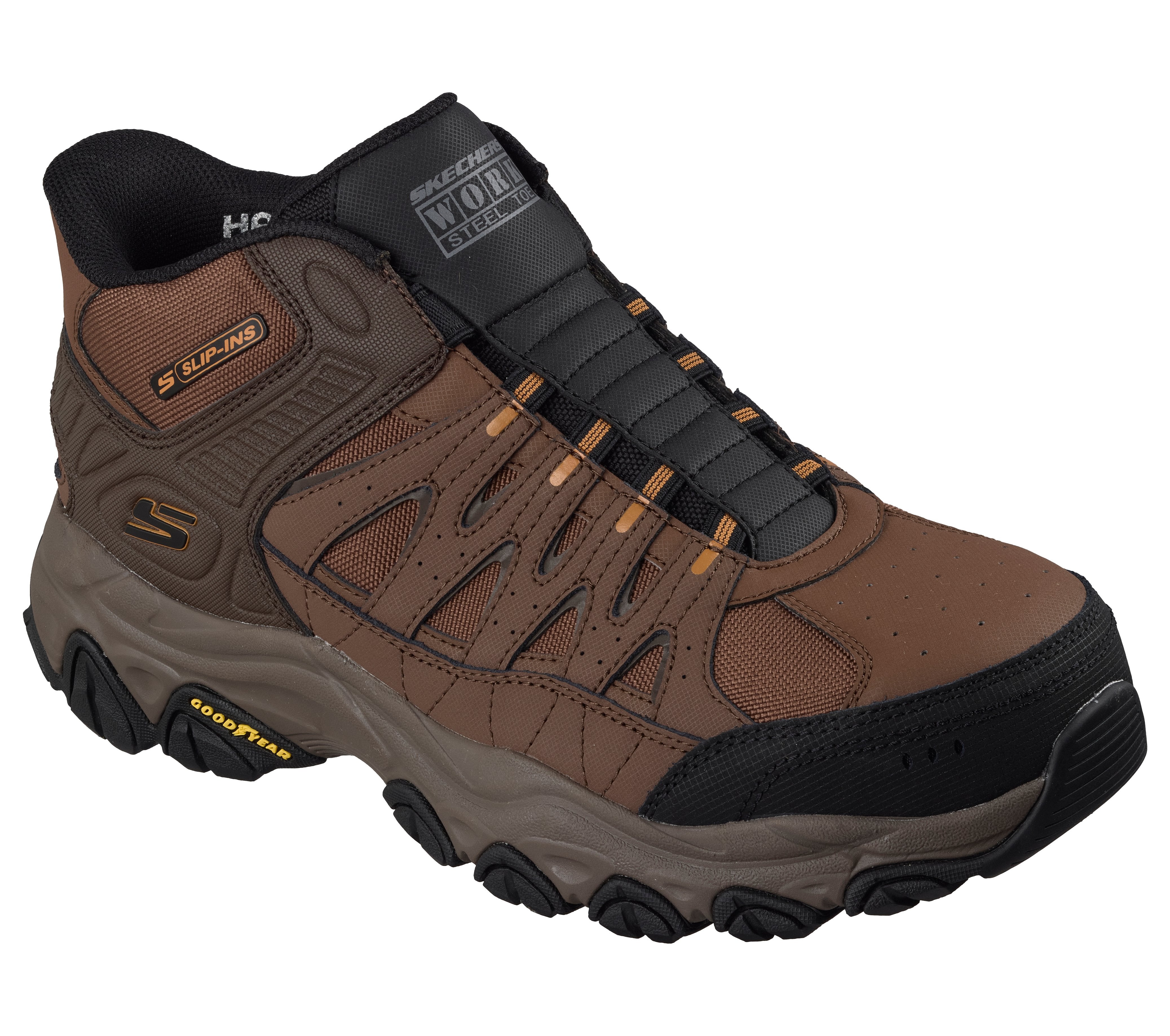 Skechers Brown/Orange Brimrock Men's After Burn M. Fit 5.0 Steel Toe Hands Free Slip-In Work Boots 200450