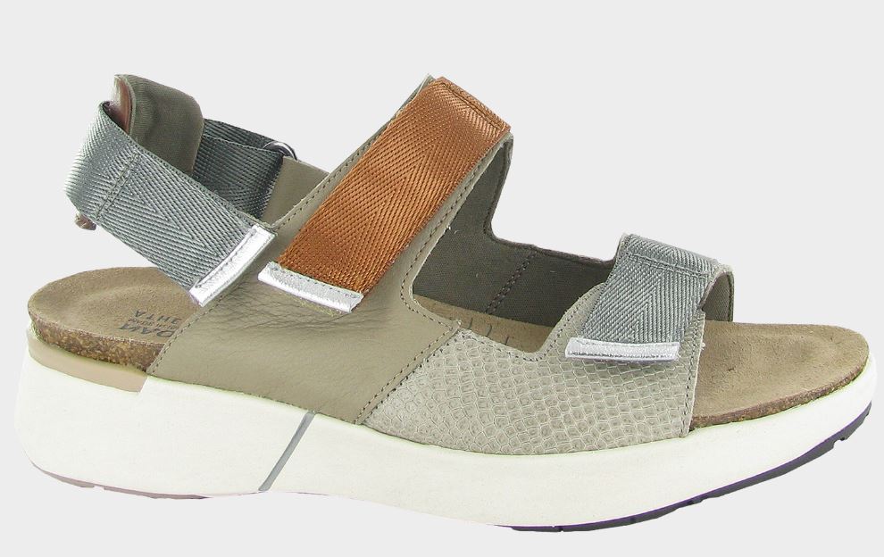 Naot Beige Lizard Leather and Soft Beige upper, Chestnut and Silver Leather Straps Odyssey Womens Sandals 25020-WFQ