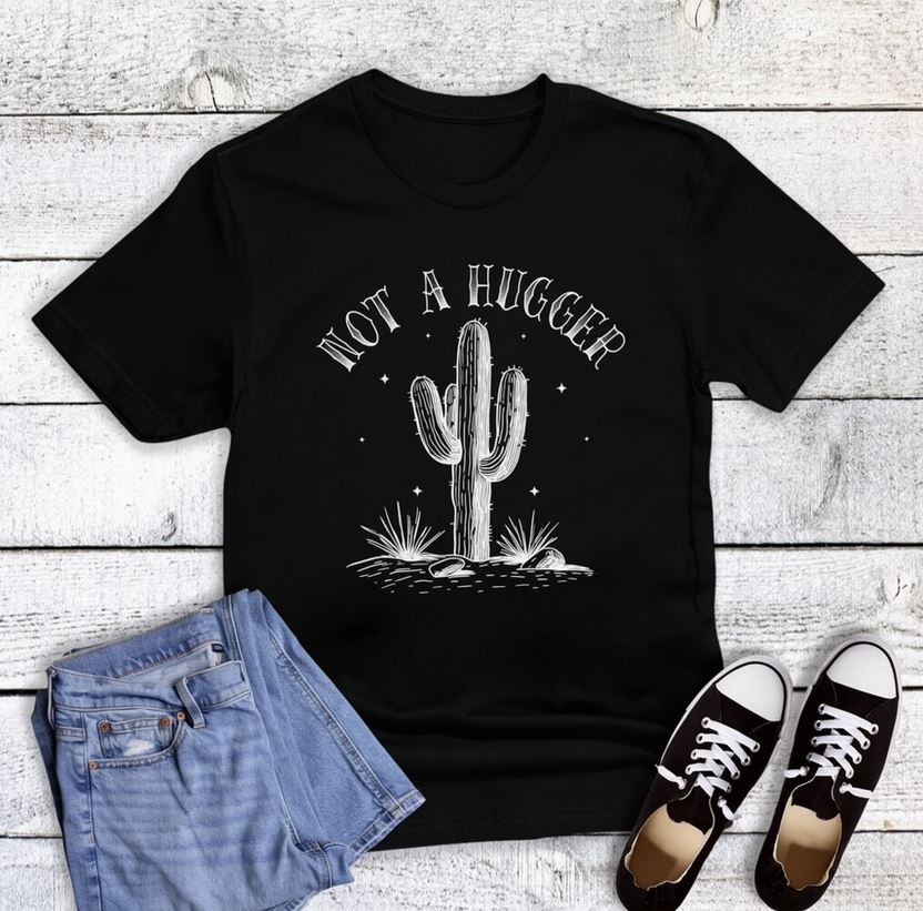 Rebel Rose Black Funny Cactus Not a Hugger Graphic Tee 26-1076BLACK