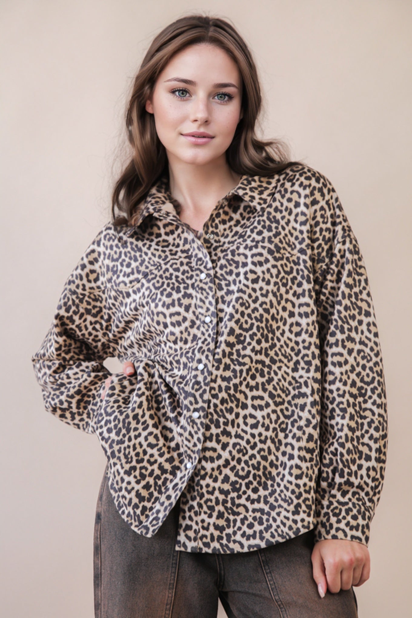 Very J Ecru Mix Oversized Leopard Printed Button Down Shirt NT12226