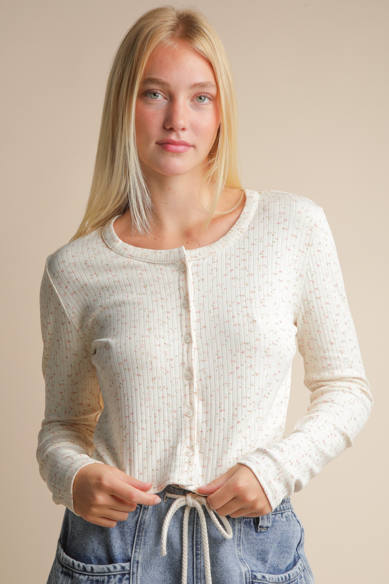 Very J Cream Floral Printed Button Down Knit Cardigan Top NT12302