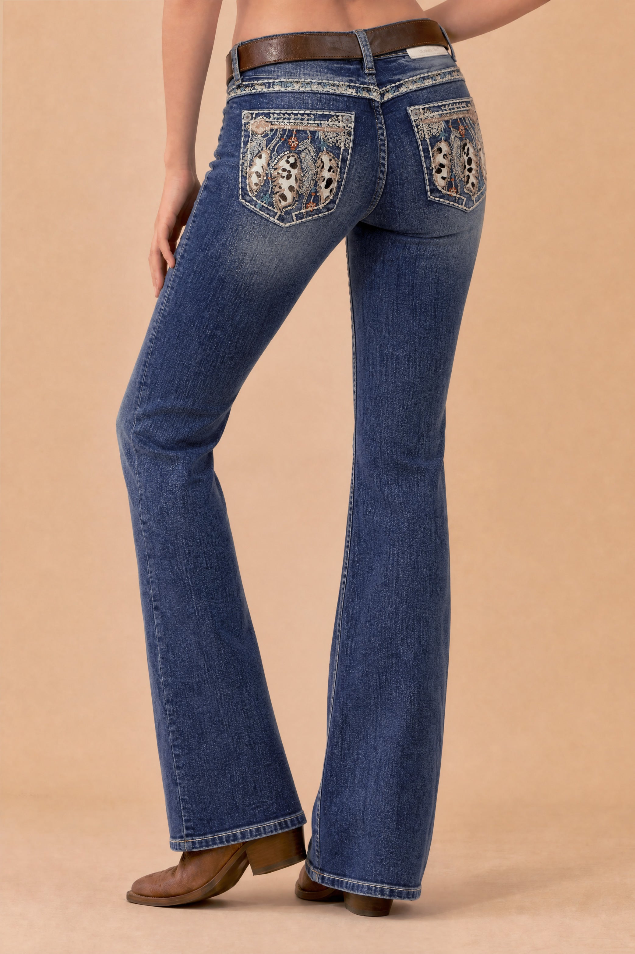Western Blue Medium Blue Wash Women's Mid Rise Bootcut Jeans with Feather and Embroidery Pockets WLB-013