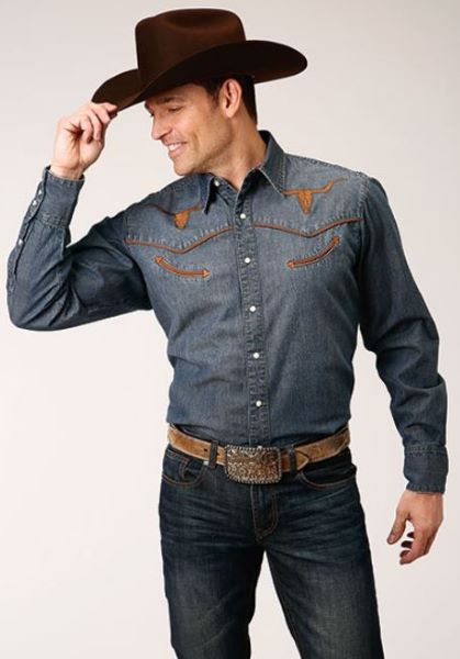 Karman Roper Medium Wash Men's Longsleeve Denim Snap Shirt 300100400674BU