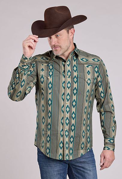 Roper Blue/Tan Vertical Navajo Stripes Print Men's Collared Longsleeve Snap Shirt 300100680750BU