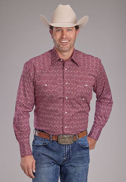 Roper Red Stretch Medallion Paisley Men's Collared Longsleeve Snap Shirt 300102253101RE