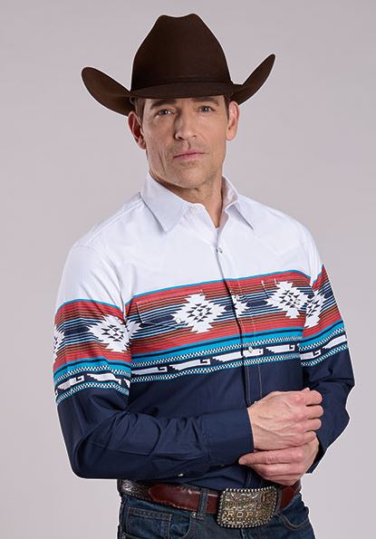 Roper Navy Horizontal Aztec Ombre Border Print Men's Collared Longsleeve Snap Shirt 300104310109BU