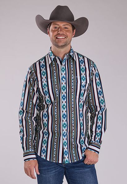 Roper Grey Vertical Retro Stripe and Aztec Print Men's Collared Longsleeve Snap Shirt 300104850406GY