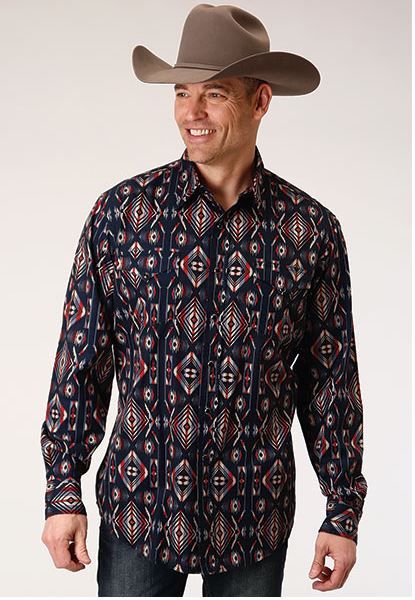 Roper Black Aztec Print Vertical Design Men's Long Sleeve Snap Shirt 300104850616