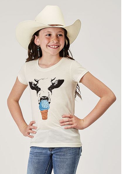 Roper White Girl's Cream Jersey Knit Cow with Ice Cream Tee Short Sleeve Shirt 300905132020WH