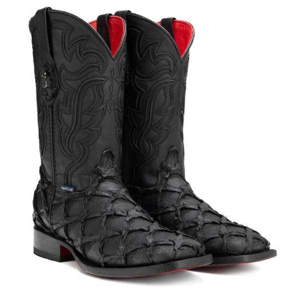 Rock'em Matte Black Bruce Shelby Pirarucu Red Bottom Square Toe Men's Western Boots