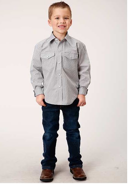 Roper Grey and White Print Boys' Longsleeve Collared Snap Shirt 303000190101GY