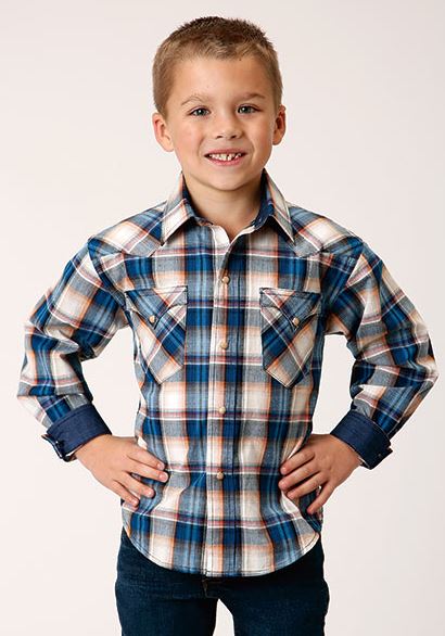 Roper  Blue Plaid Boys' Collared Long Sleeve Snap Shirt with Contrasting Cuffs 303000620754BU