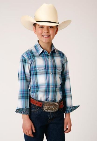 Roper Clear Sky Teal/Green Plaid Boy's Amarillo Longsleeve Snap Shirt 0303002782085GR