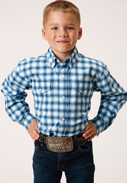 Roper Blue Check Plaid Boys' Collared Longsleeve Snap Shirt 303002782093BU