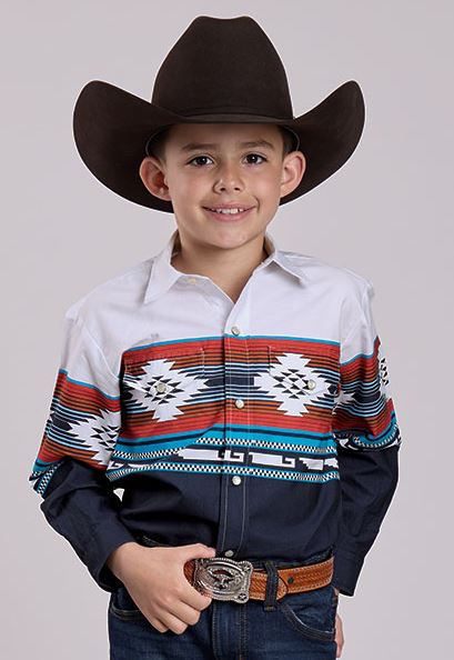 Roper Navy Horizonal Aztec Ombre Border Print Boys' Collared Longsleeve Snap Shirt 303004310109BU