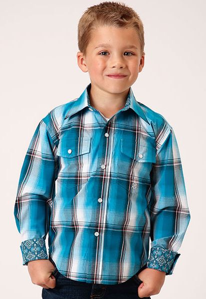 Roper Deep Pool Plaid Ombre Boys' Long Sleeve Western Snap Shirt 30302782087BU
