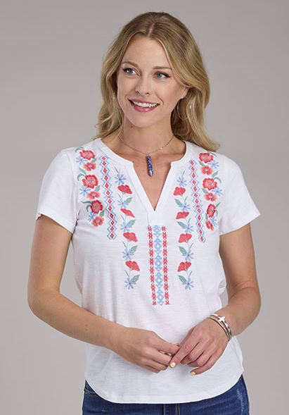 Roper White Women's Short Sleeve Cotton Jersey Split Neck Tee with Embroidery 303905133066WH