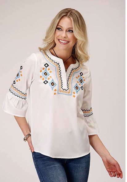 Roper White/Cream 3/4 Bell Sleeve Split Neck Women's Pullover Shirt 30