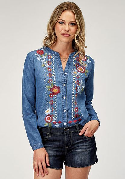 Roper Medium Blue Denim Women's Longsleeve Blouse with Embroidery and Applique 305005653074BU