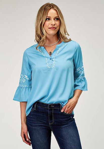 Roper Blue Women's 3/4 Bell Sleeve Pulllover Shirt with Embroidery 305005653076BU