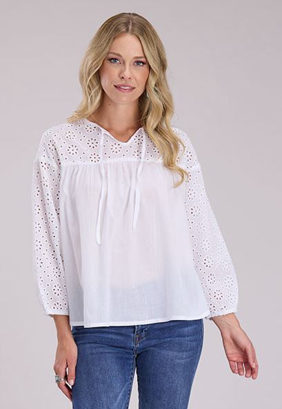 Roper White Women's Cotton Voile Peasant Blouse with Keyhole Closure at Neck 305005655056WH