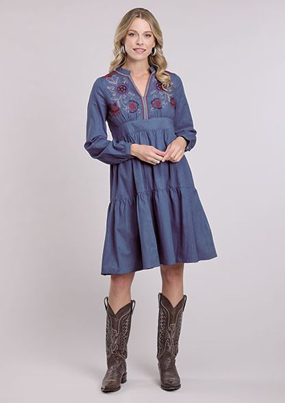 Roper Blue Women's Pretty Peasant V-Neck Dress with Embroidery,Two Tier Gathered Skirt and Banded V-Neck Collar 305705657100BU