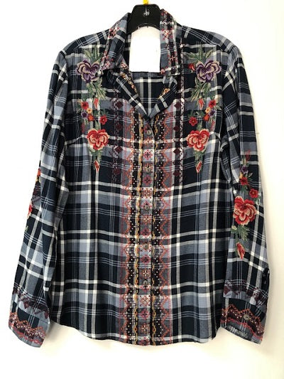New Direction Women's Black/White Button Up Plaid Long Sleeve Top with Embroidery 32434