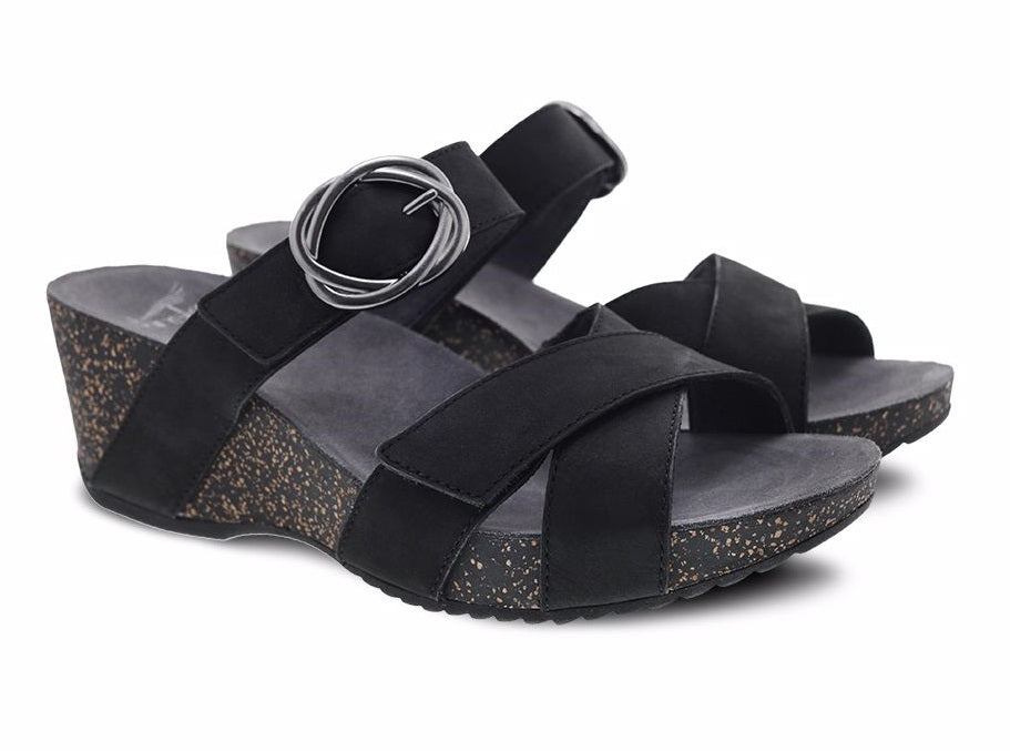 Dansko Susie Black Milled Nubuck Comfort Slide On Womens Wedge Sandals 3420-360200