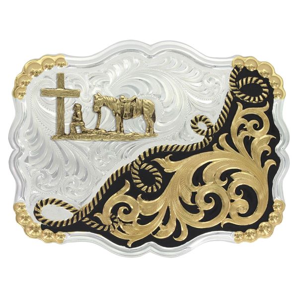 Montana Silversmiths Two Tone Half-n-Half Rope Men's Buckle with Christian Cowboy 35410YG-731M