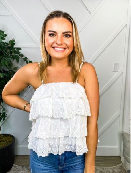 Grace and Emma White Eyelet Ruffle Womens Top 3710C-WHT