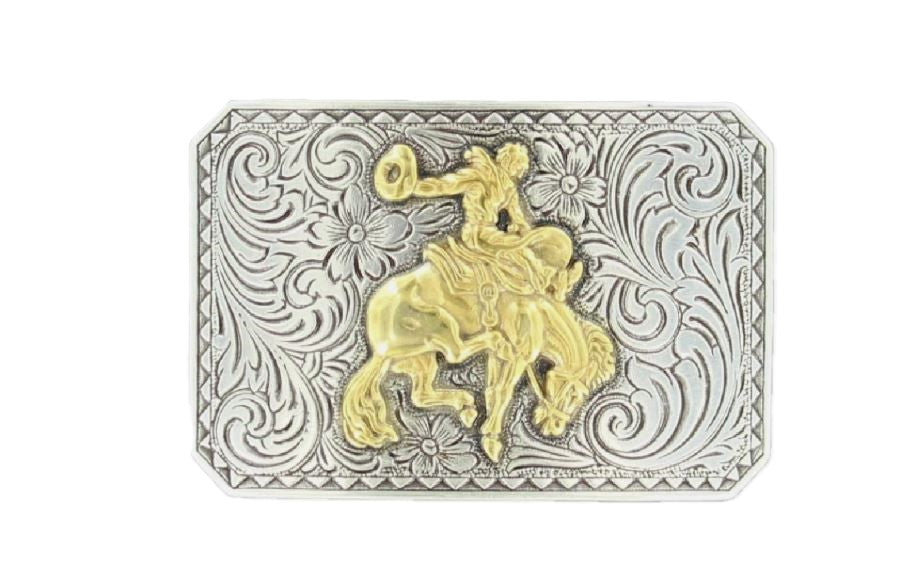Nocona Silver/Gold Rectangle Men's Bucking Bronc Buckle 37558