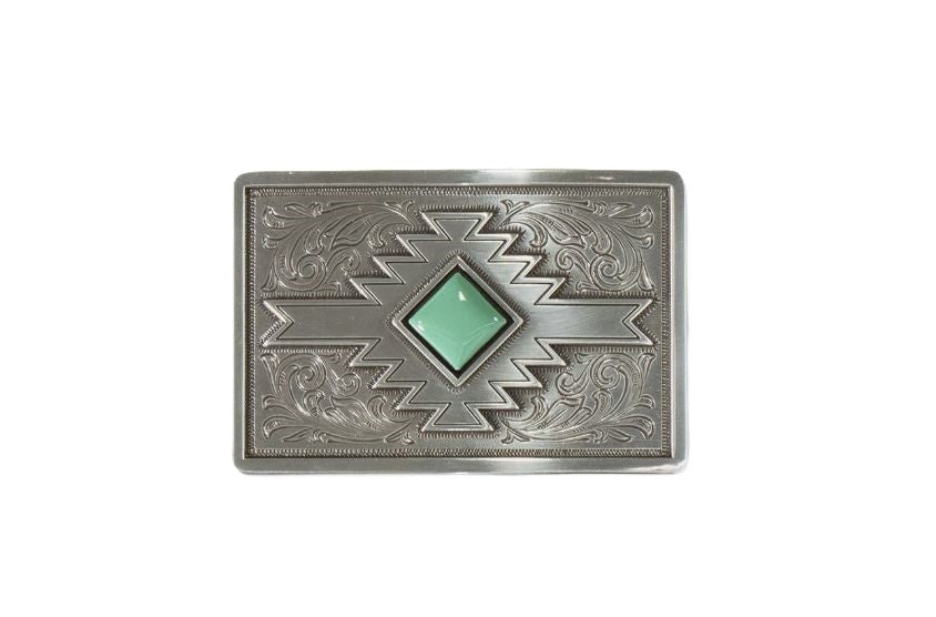 Blazin Roxx Antique Silver Finish Turquoise Stone Rectangle Buckle with Southwest Pattern Engraving 37904