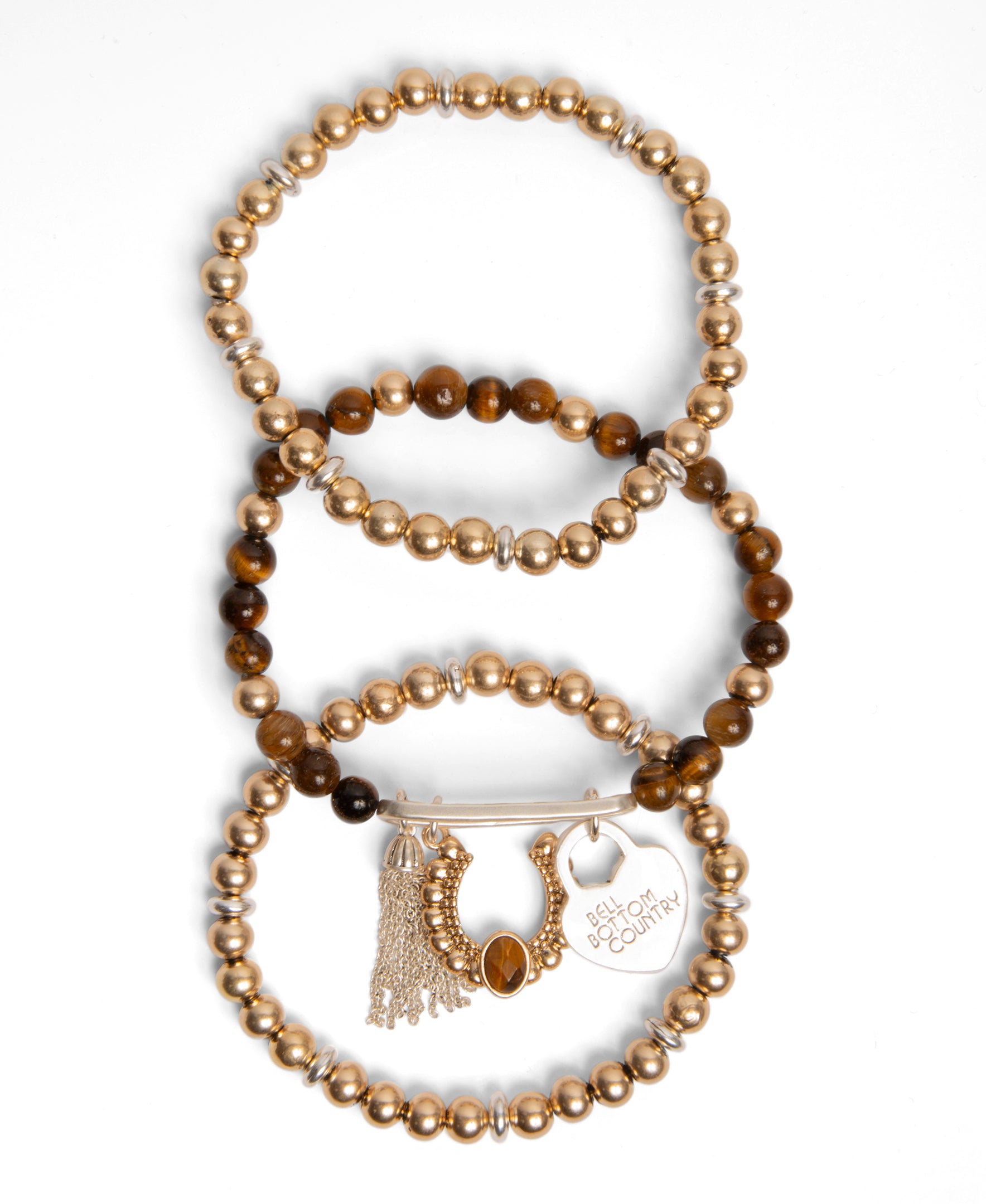 Lainey Wilson Gold/Natural Beaded Charm 3 pc Stretch Bracelet Set 37B00005