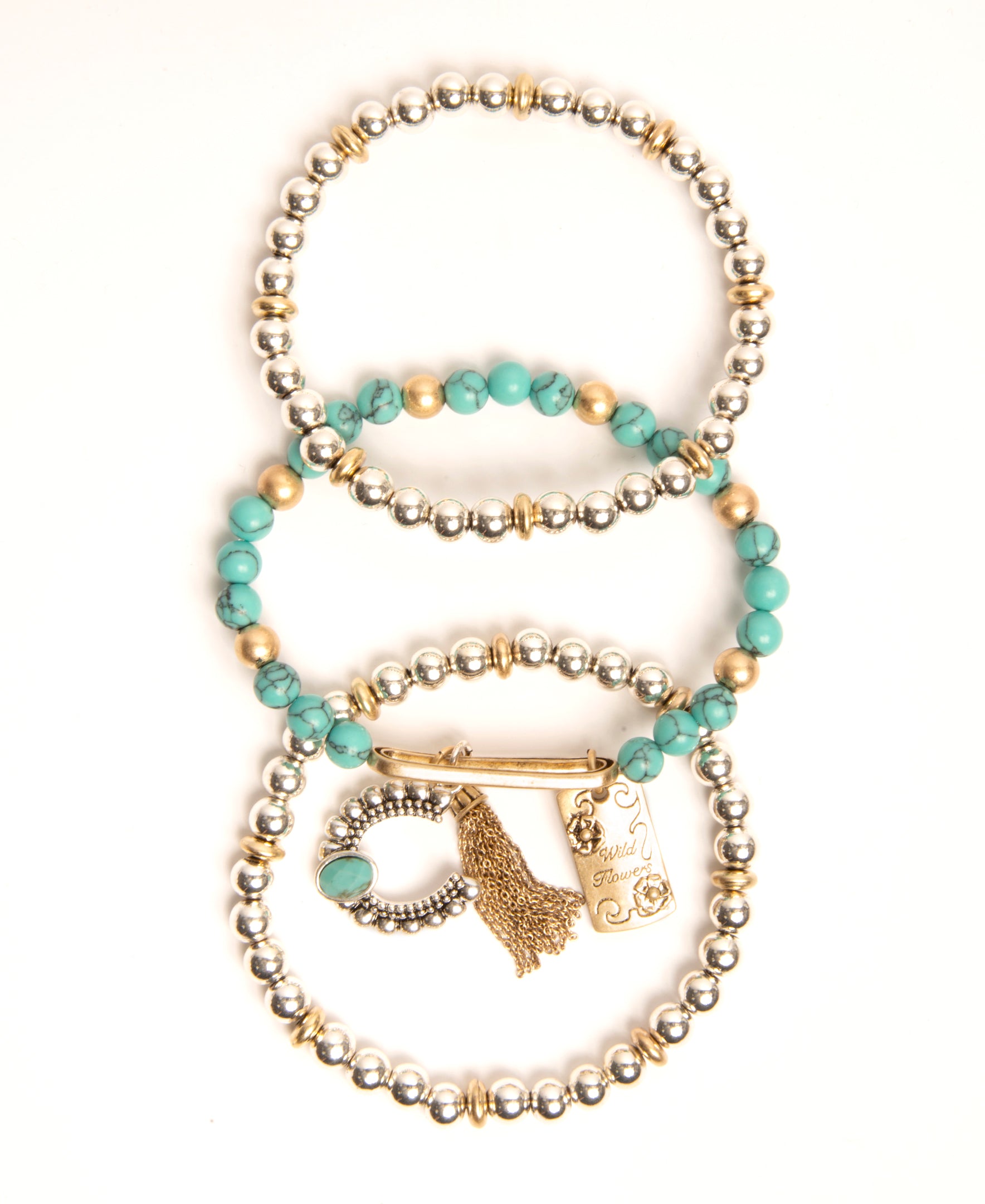 Lainey Wilson Beaded Charm Stretch 3 pc Stacked Turquoise/Metal Bracelet Set 37B00007