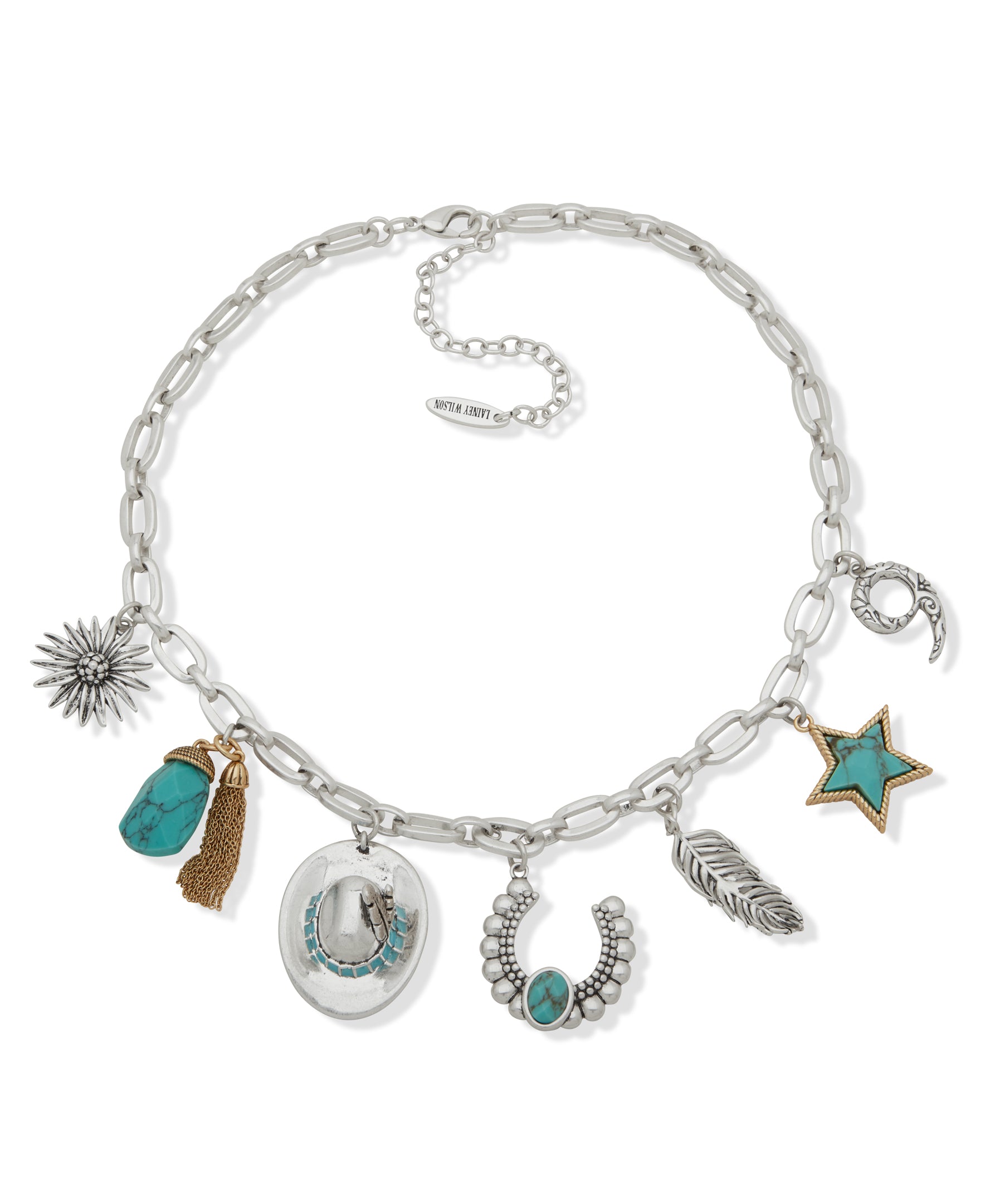 Lainey Wilson 16 inch Turquoise/Silver/Accent Gold Charm Necklace 37N00003