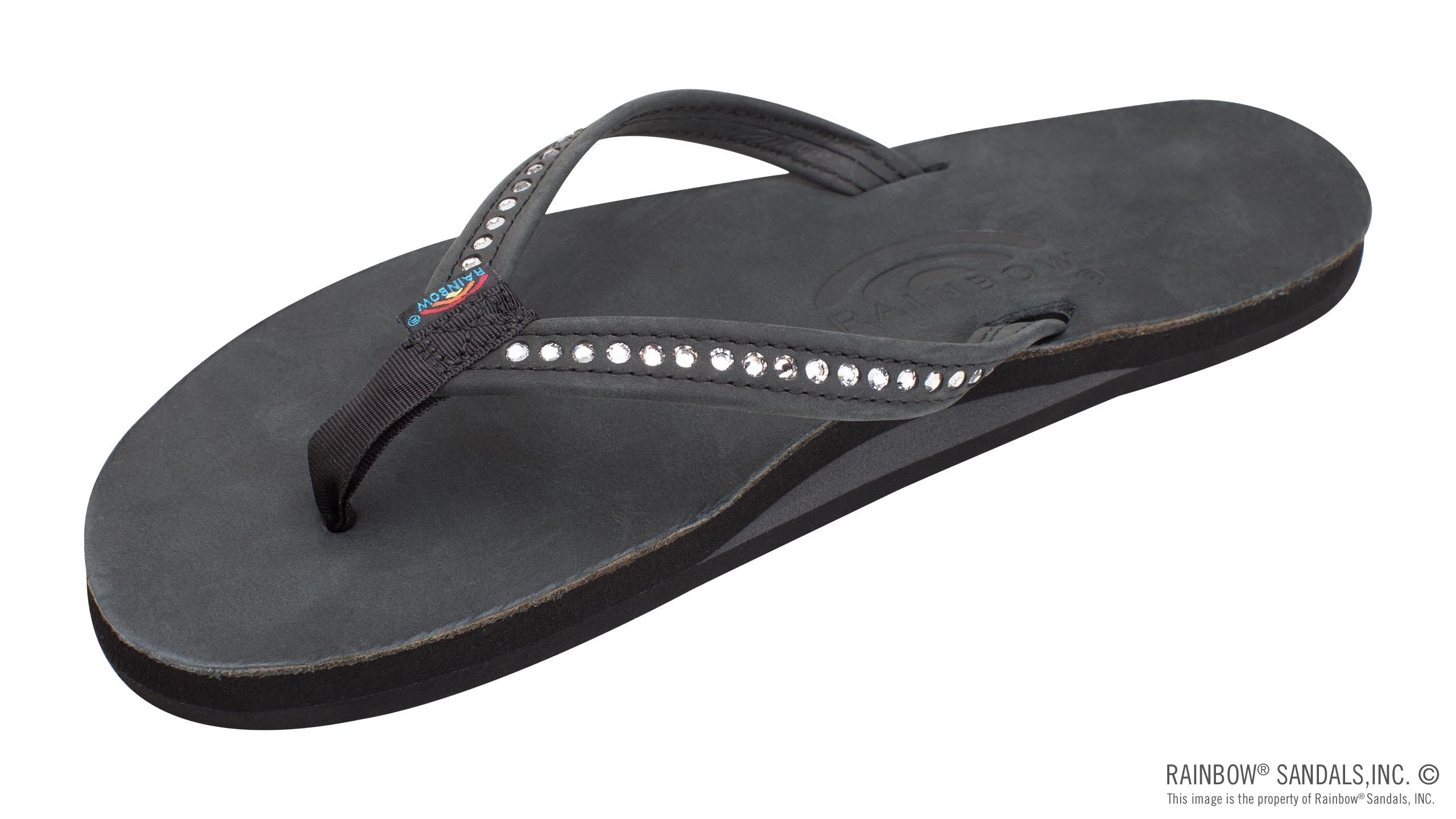 Rainbow Black with Swarovski Crystals Premium Leather Single Layer Women's Sandals with 1/2 inch Narrow Strap 401ALTSN-BK