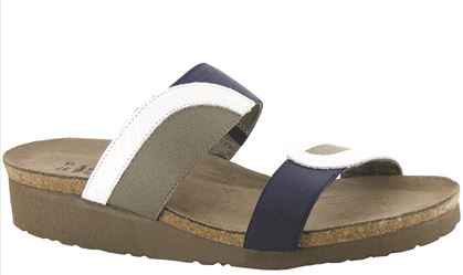 Naot White Diamond Leather/Blue/Khaki Patina Elastic Womens Comfort Slide Sandals 4026