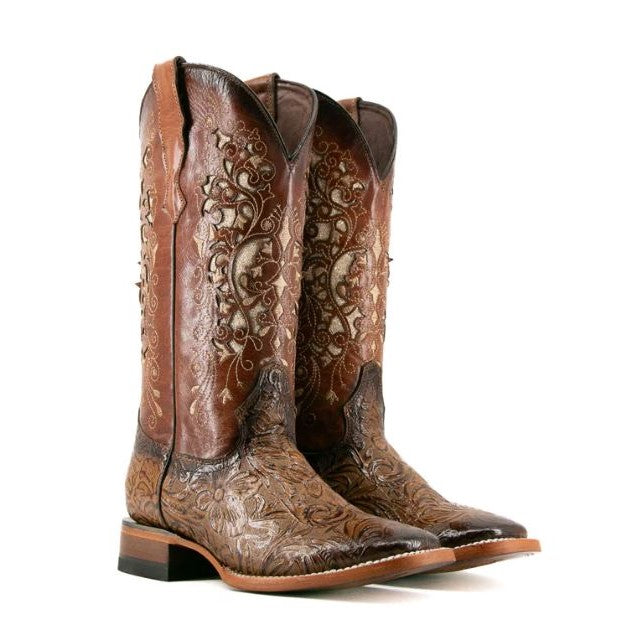 Rock'Em Honey 466 Alma Flor De Luz Genuine Leather Square Toe Women's Cowgirl Boots 466-ALMA-HONEY