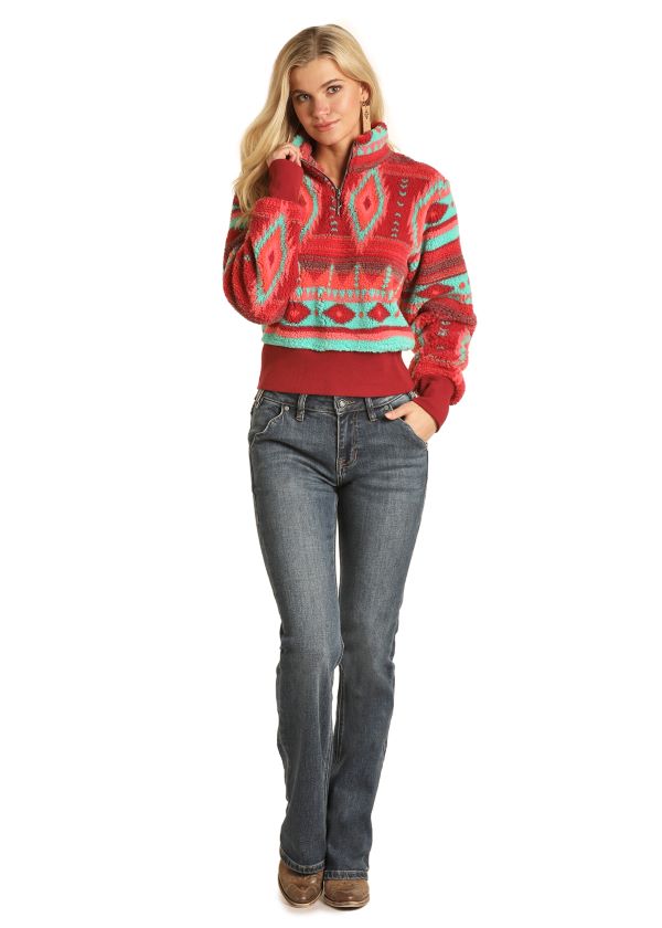 Rock and Roll Cowgirl Pink Aztec Printed Ladies Long Sleeve Pullover 48T1182