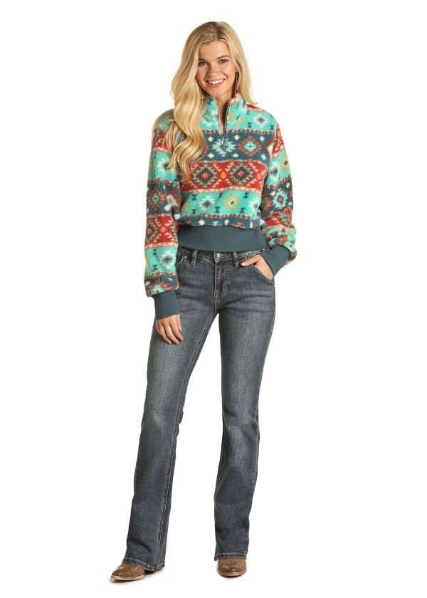 Rock and Roll Cowgirl Turquoise Aztec Ladies Long Sleeve Printed Pullover 48T1198