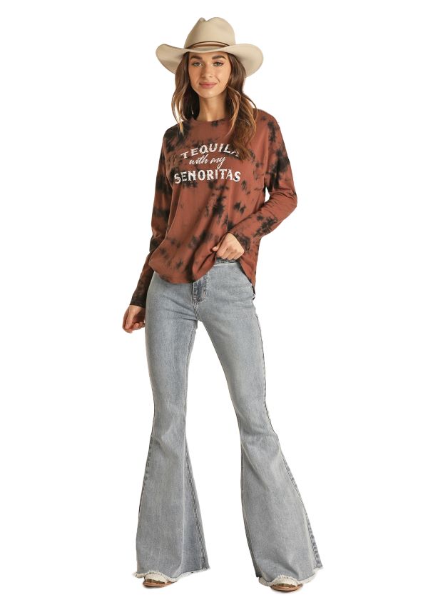 Panhandle Tie Dye Tequila With My Senoritas Ladies Drop Shoulder Long Sleeve Tee Shirt 48T2368