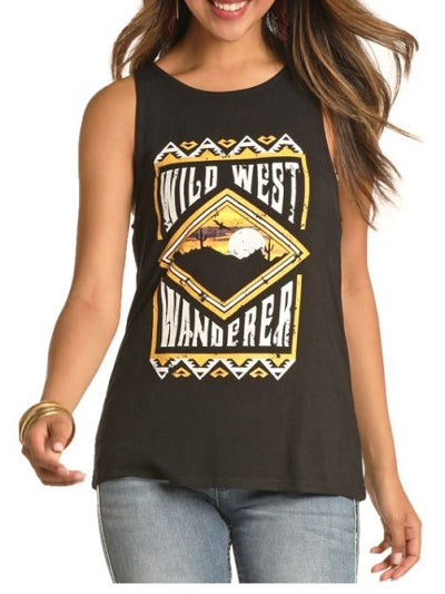 Rock and Roll Cowgirl Womens Black 'Wild West Wanderer' Graphic Tank 49-4460-01